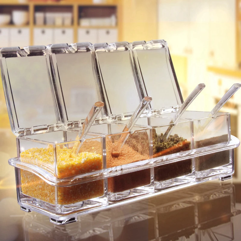 

Clear Seasoning Rack Spice Pots Household Acrylic Seasoning Box Storage Container Condiment Jars Cruet with Cover and Spoon