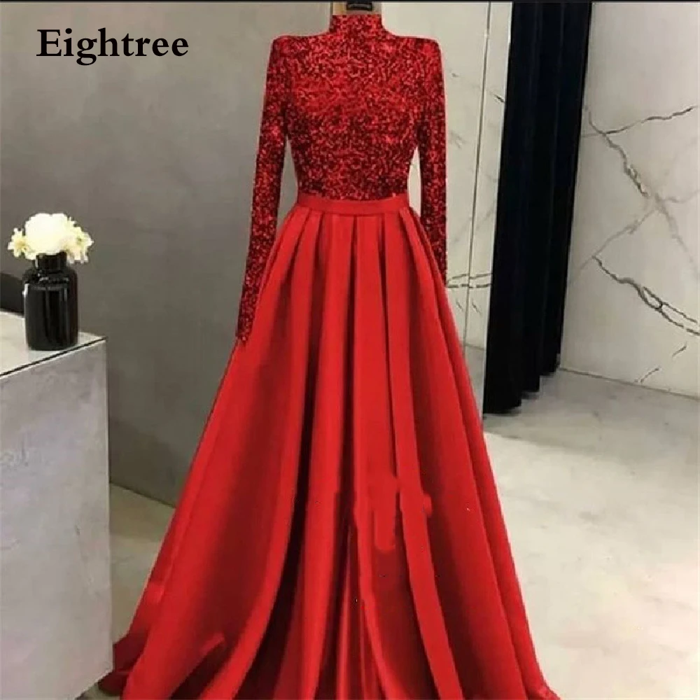 

Eigjhtree Red Sequiens Long Prom Dresses Sparkly A Line Full Sleeves High Neck Luxury Evening Party Gowns Night Formal Dress