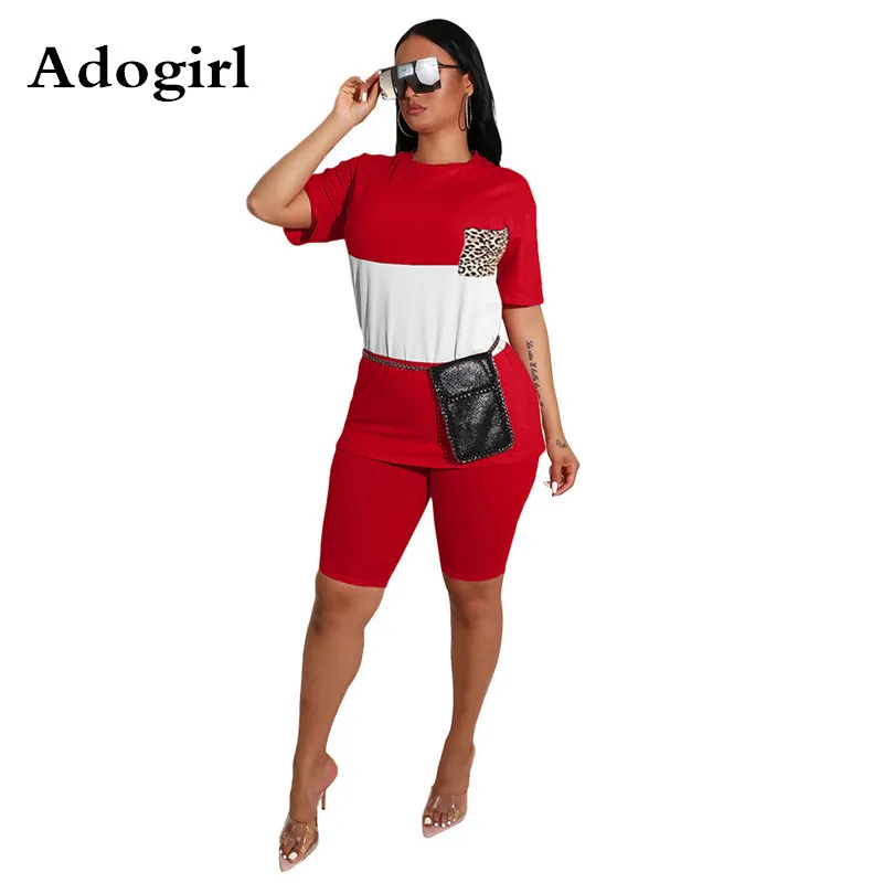 

Women Patchwork Leopard Pocket Tracksuit Short Sleeve T-shirt +Knee-length Pants Two Piece Set Lounge Wear Jogging Femme
