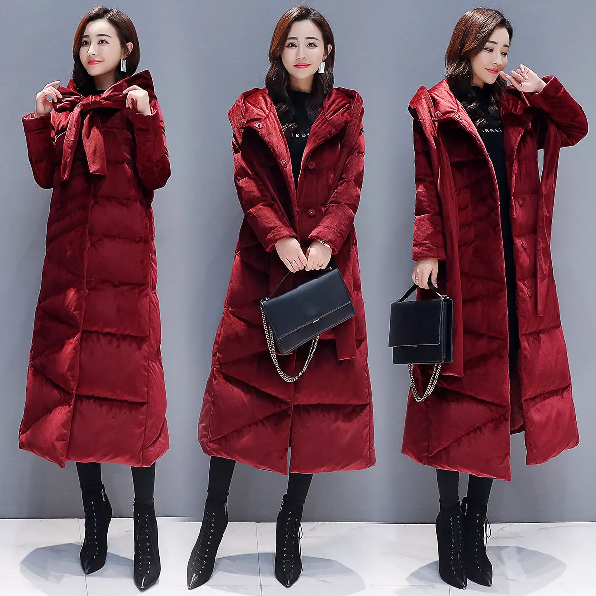 

Hooded Solid Color Cotton-padded Clothes/Cotton Coat Hidden Button 2018 Winter Long Sleeve Long Straight-Cut Suede Elegant