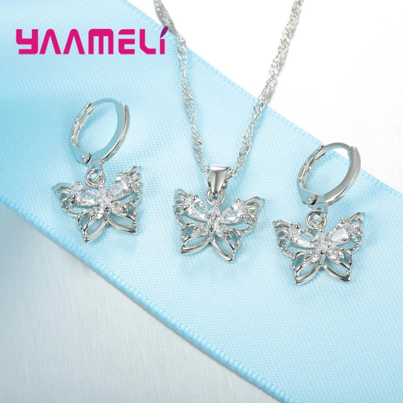 925 Sterling Silver Color Jewelry Sets Shining Austrian Crystal Inlaid Butterfly Wedding Pendant Necklace Earrings