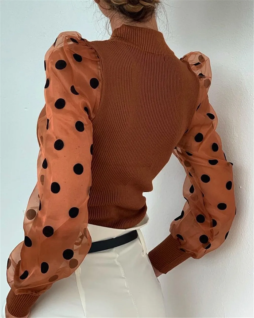 Модный свитер в горошек с прозрачными рукавами, Женский вязаный пуловер с длинным рукавом