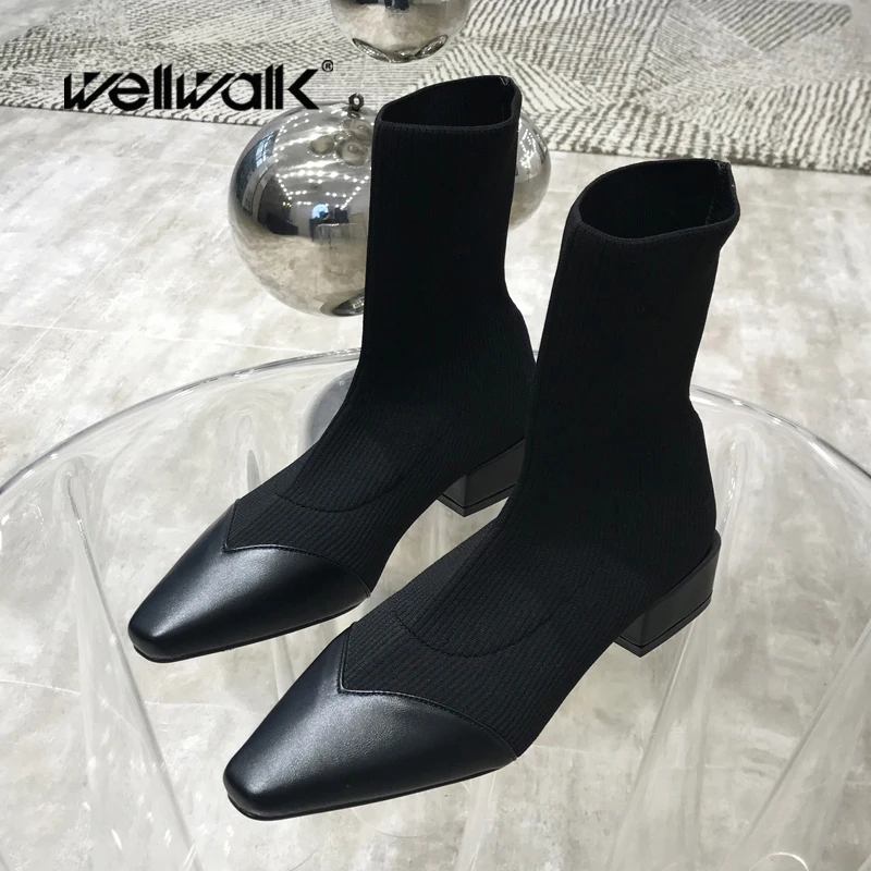 

Stretch Sock Boots Women Winter Shoes Cap Toe Mid Block Heels Slip On Ladies Elastic Ankle Booties Leisure Office Korean Style