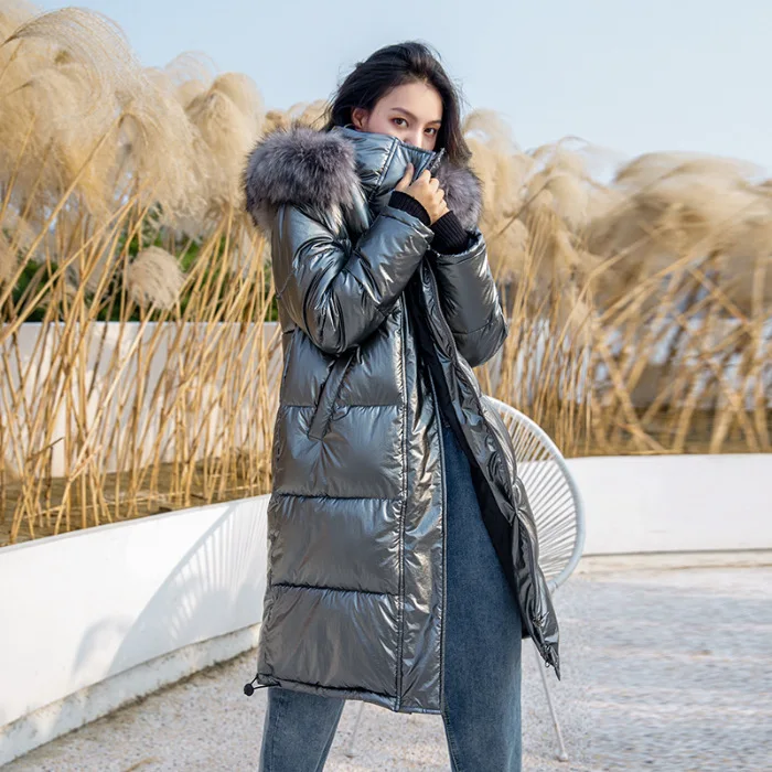 

Photo Shoot Ozhouzhan 2019 New Style down Jacket Women's Long over-the-Knee Bright Surface Fashion Loose Large Fur Collar Cotton