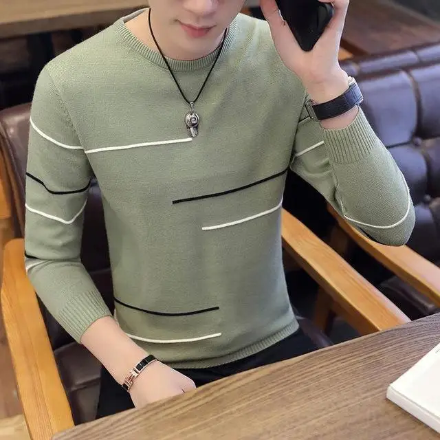 brand social cotton thin men pullover sweaters casual crocheted striped knitted sweater men masculino jersey clothes - Color: green