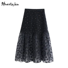 Huaxiafan, Женская юбка, английский стиль, офисная, для девушек, жесткая, марля, в горошек, вышивка, высокая талия, юбка для женщин, faldas mujer, юбка для женщин