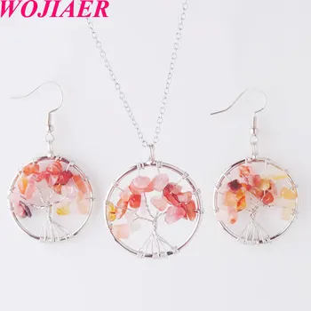 

Reiki Jewelry Sets Tree of Life Natural Agates Gem Stone Drop Earrings Necklaces Healing WOJIAER PQ8005