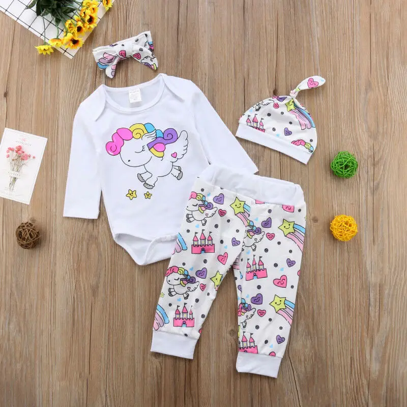 Autumn Newborn Baby Girl Unicorn Print Clothes Long Sleeve Romper Pants Leggings Hat 4Pcs Outfits Clothes 0-18M