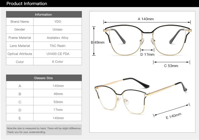 YDO, прозрачные очки, оправа для женщин, компьютерные очки, модные оптические очки, металлическая оправа, большие размеры, женские очки по рецепту