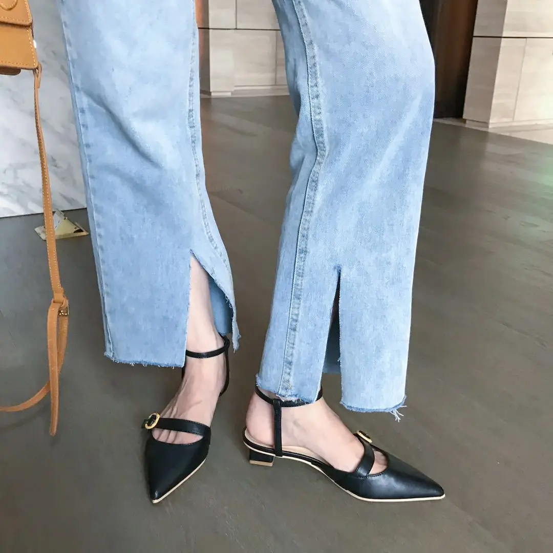 

New Style Summer Elegant Pointed Shallow Mouth after Empty Bandage Cloth Semi-high Heeled Sandals