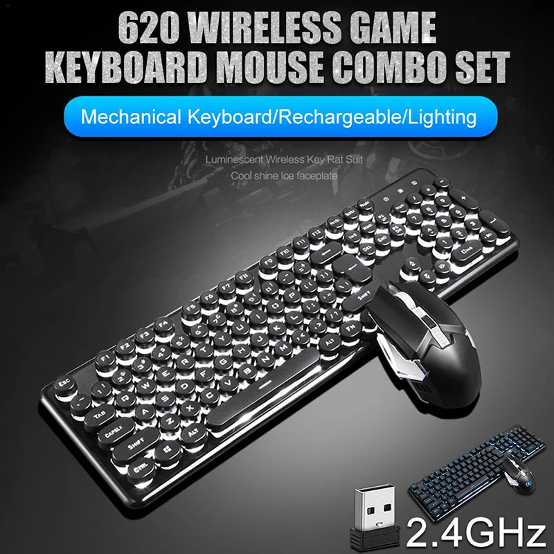 

For Computer PC Laptop Waterproof Mechanical Luminous Keyboard 2400DPI Ergonomic Mouse Kit Wireless Rehargeable Keypad Mice Set