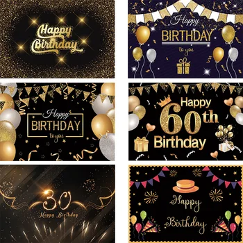 

Happy Birthday Party Backdrop Black and Gold Glitter Background Photophone Golden Balloons Stripe Woman Princess Photography
