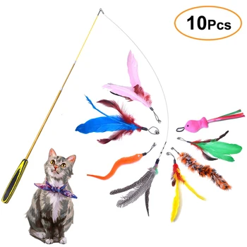 

Cat Interactive Feather Teaser Toy Retractable Teaser Wand With 8 Refills And 1 Spare Hook