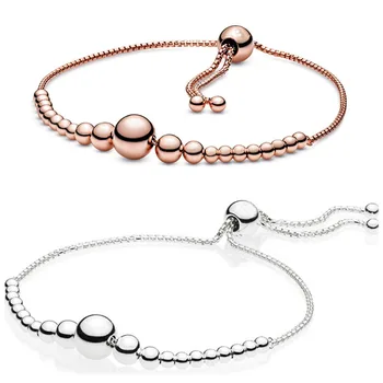 

Original Rose & Silver String Of Beads Sliding Adjust Bracelet Bangle Fit 925 Sterling Silver Bead Charm Diy Europe Jewelry