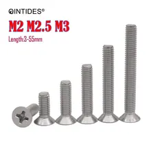 Qintides m2 m2.5 m3 comprimento 3-55mm parafuso cruz recessed cabeça escareada parafusos 304 de aço inoxidável cabeça plana parafusos da máquina