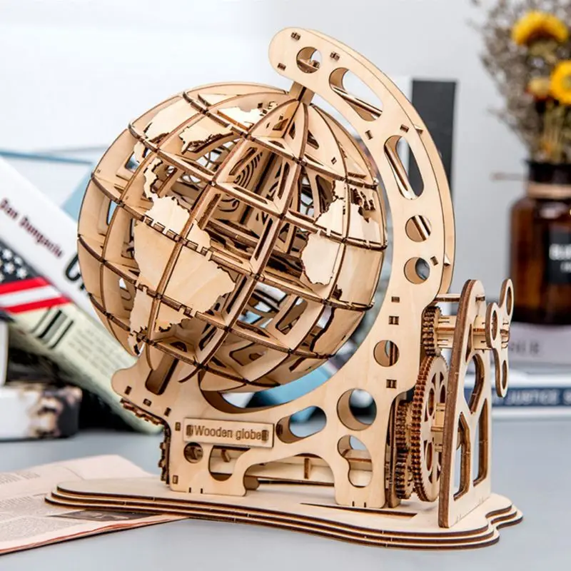 3d de Madeira Globo Quebra-cabeça Faça Você Mesmo Unidade Mecânica Modelo Engrenagem Transmissão Girar Montagem Casa Decoração Brinquedos 4 Cheap Quebra-cab.