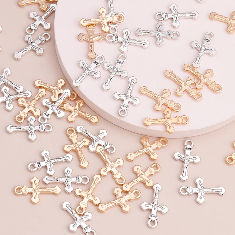 Leslie 30 Stück kleine zweifarbige Jesus-Kreuz-Charms mit Perlen für Armbänder, Halsketten, DIY-Schmuckherstellung, Zubehör, Legierung, 20 x 13 mm