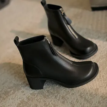 

Genuine Leather Women High Heels Ankle Boots Winter Warm Autumn zippers Short Chelsea Boots Punk Office New Shoes Woman