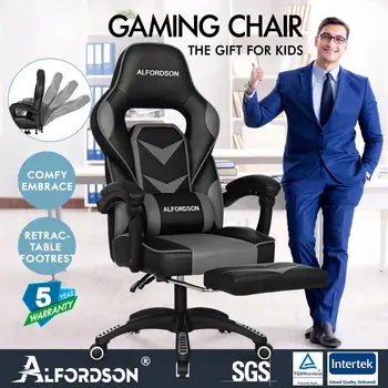 

ALFORDSON Gaming Chair Office Seat Generous Padding Footrest Executive Racing GORDON Grey Colour