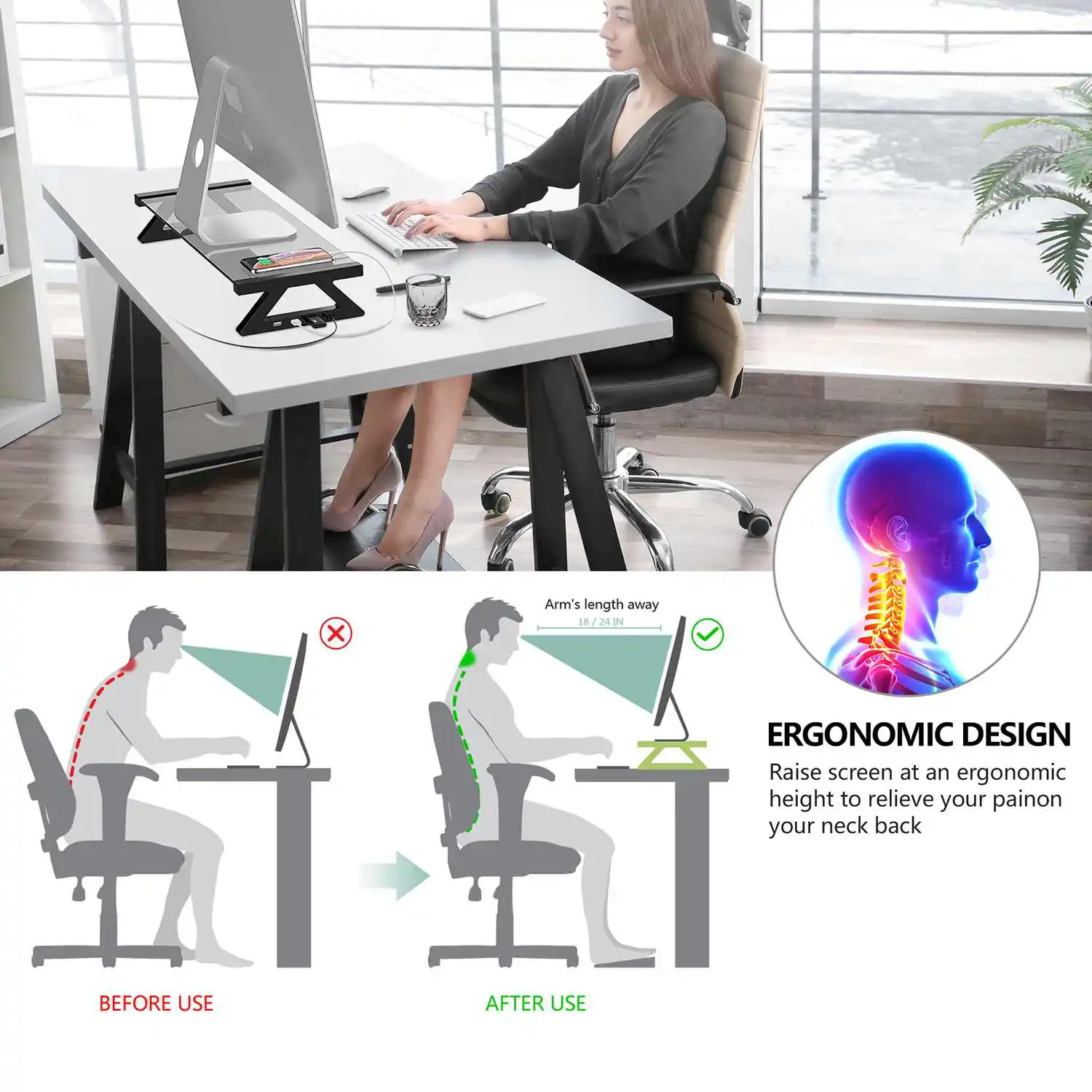  Aluminum Alloy Computer Monitor Stand with 4 USB Ports Multi-function Tempered Glass Desktop Laptop