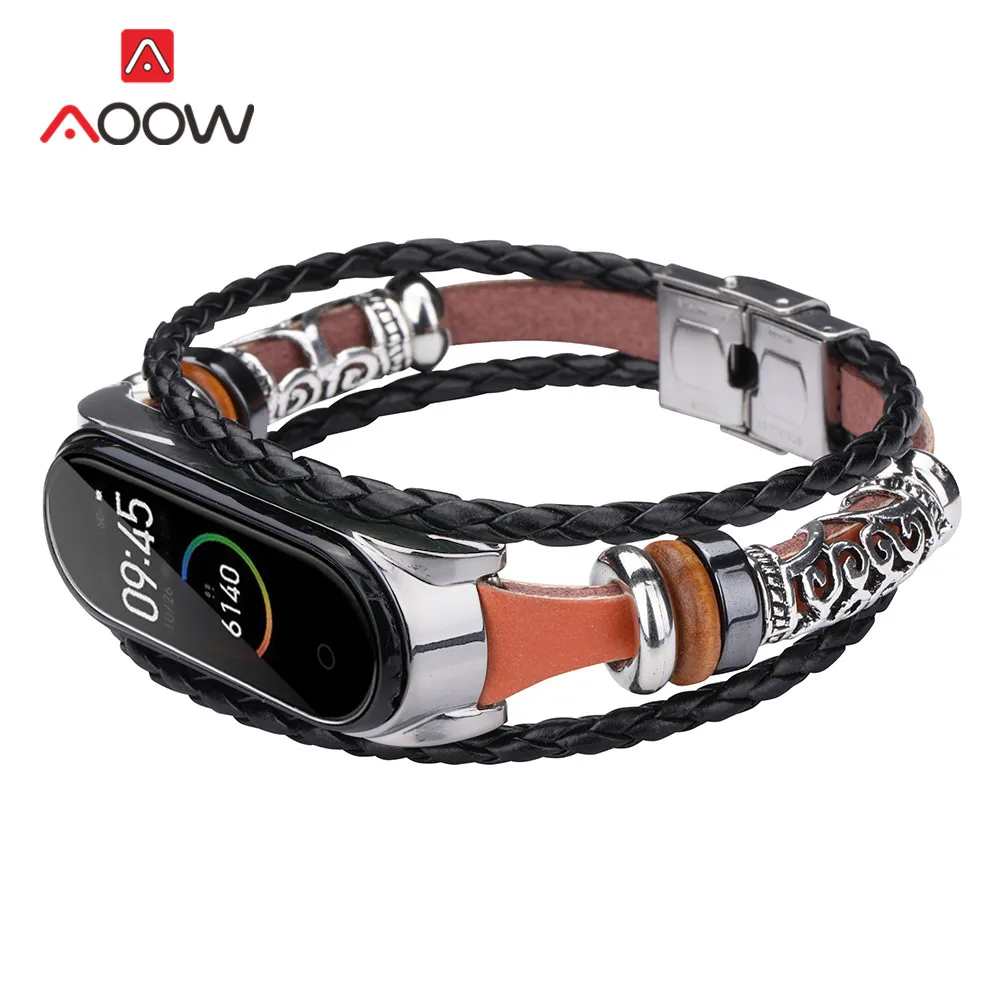 Плетеный ремешок для часов из натуральной кожи для Xiaomi Mi Band 3 4 Ретро Бусы для мужчин и женщин сменный ремешок для смарт-браслета - Цвет ремешка: Brown silver