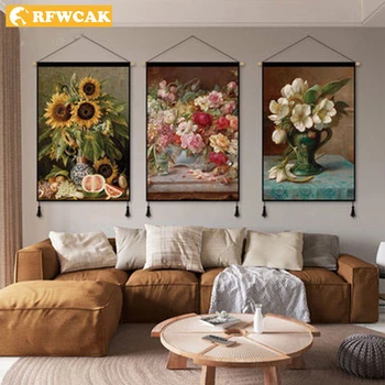 

Bohemian Retro Green Plant Tassel Tapestry Sunflower Flower Oil Painting Art Decoration Background Wall Covering Entrance Room