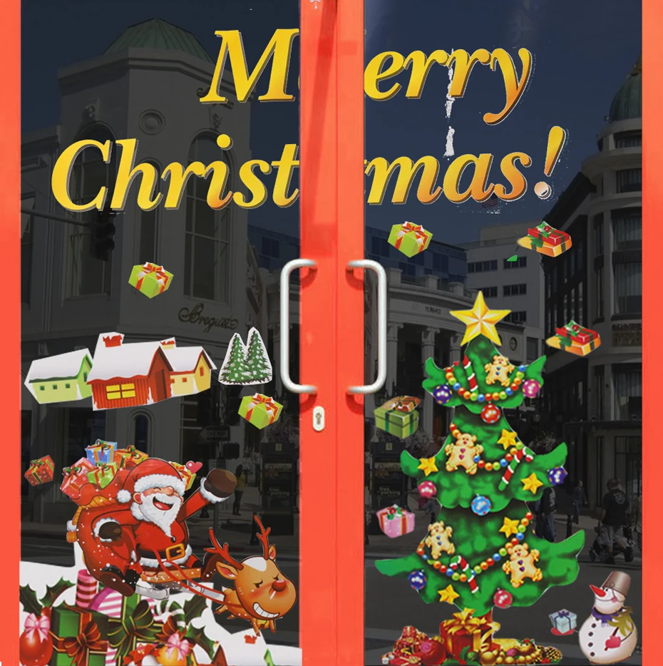 Наклейка с новогодней елкой с надписью "Merry Christmas", "Elk", "Snowman", вечерние художественные наклейки, настенные рождественские Стикеры, декор на год