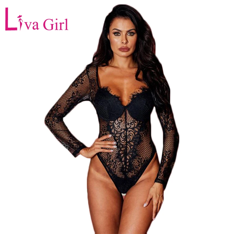 Сексуальные черные прозрачные цветочные Кружевные Боди LIVA GIRL женские боди с