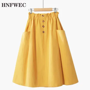 

2019 New Summer Fashion Women Clothes Thin High Waist Elastic Buttons Pleated Pocket A-line Halfbody Skirt A686