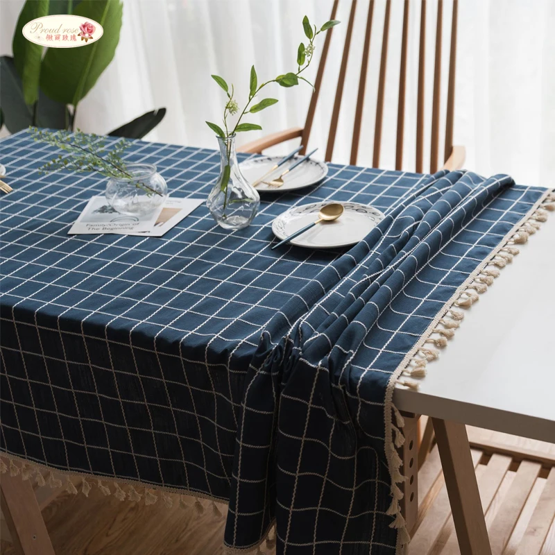 

Proud Rose Simple Plaid Table Cloth Embroidered Table Cover Solid Color Rectangular Dustcloth Customed Size