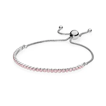 

NEW 2018 New 100% 925 Sterling Silver Bracelet Pink Sparkling Strand Bracelet Pink CZ For Women of Fashion DIY Gift Jewelry