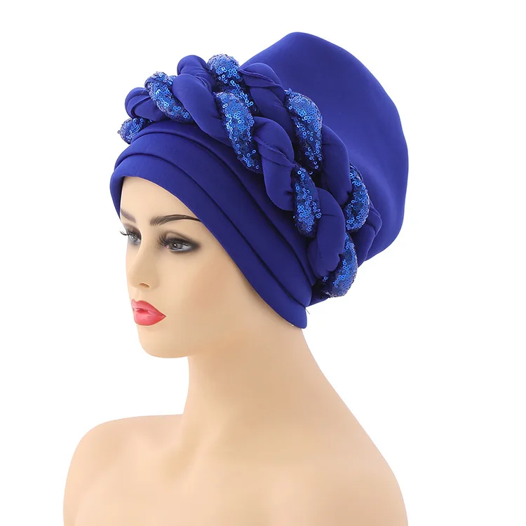 2021 Newest African Aso Oke Auto Gele Headtie Ready to Wear Braid Hijab Bonnet Glitter Squins Female Head-Wrap Turban Cap african robe