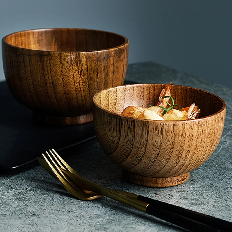 Japanese Style Wooden Bowl 3 Sizes Soup Salad Rice Bowl Food Container Dining Serving Bowl Wooden Kitchen Utensils Kids Tableware (4)