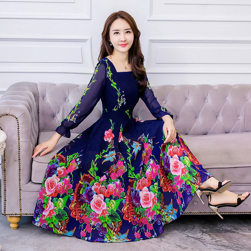 

2019 Autumn New Arrival Elegant Square Collar Flower Printed Long Sleeve Woman Chiffon Long Dress Plus Size M-4XL