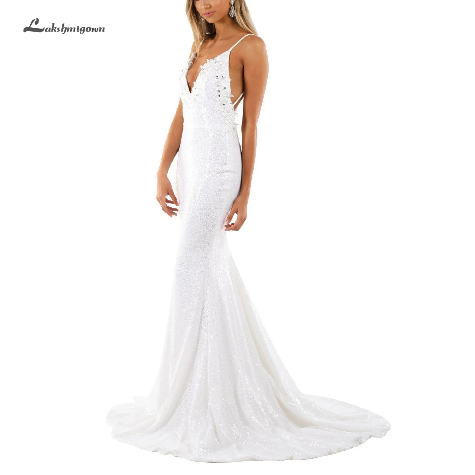 

Lakshmigown Sparkly Sequin Mermaid Wedding Dress V Neck 2020 New Design Bridal Dresses Beach Boho Wedding Party Spaghetti Straps