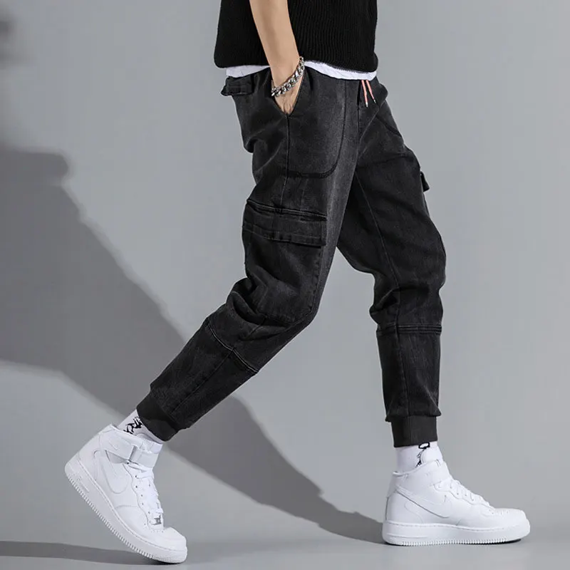 80% OFF Japanese Fashion Men Jeans Black Gray Loose Fit Spliced Big Pocket Cargo Pants Slack Bottom Hip Hop Jeans Men Joggers Size 28-42