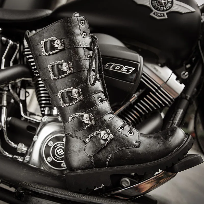 

Korean-style Punk Metal Biker Boots England Thigh Boot Boots Martin Boots Large Size Leather Boot Men's Model 555-b