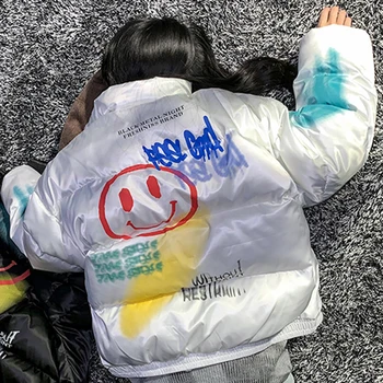 

Winter warm outwear padded short jacket women casual coat loose parka hip pop streetwear letter smile face print clothes