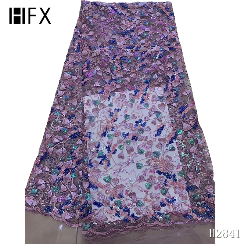 HFX африканские блестки кружева ткань высокого качества кружева материал сиреневый Французский кружевная ткань в нигерийском стиле тюль для свадебного платья H2841
