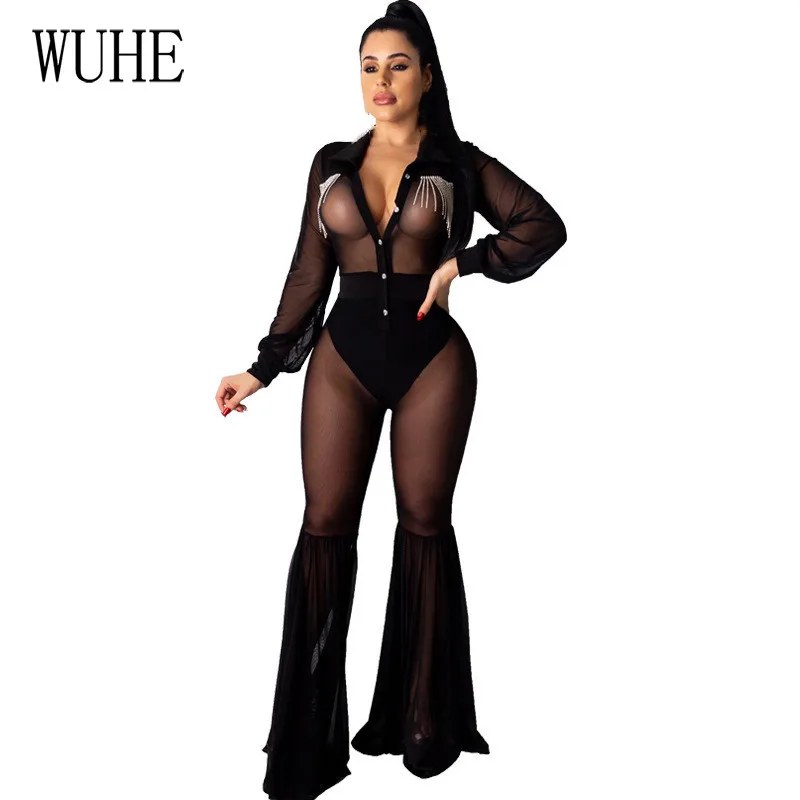 

WUHE Women Sexy See Through Mesh Patchwork Jumpsuit Long Sleeve Tassel Boot Cut Rompers V Neck Button Night Club Party Overalls