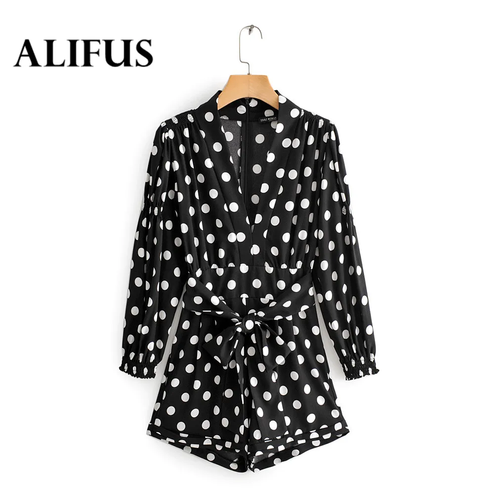 

Fashion Za Women Summer Dots Print Jumpsuit Sexy V Neck Waist Straped Jumpsuit Long Sleeve Short Pants Female Clothes