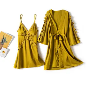 

Satin Women Robe Set Lace Appliques 2PCS Sleepwear Sexy V-neck Nighty&Robe Set Female Solid Twinset Robe Set Loose Home Wear