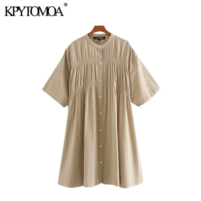 KPYTOMOA Women 2020 Chic Fashion Buttons Pleated Mini Dress Vintage O Neck Short Sleeve Female Dresses Vestidos Mujer KPYTOMOA Women 2020 Chic Fashion Buttons Pleated Mini Dress Vintage O Neck Short Sleeve Female Dresses Vestidos Mujer