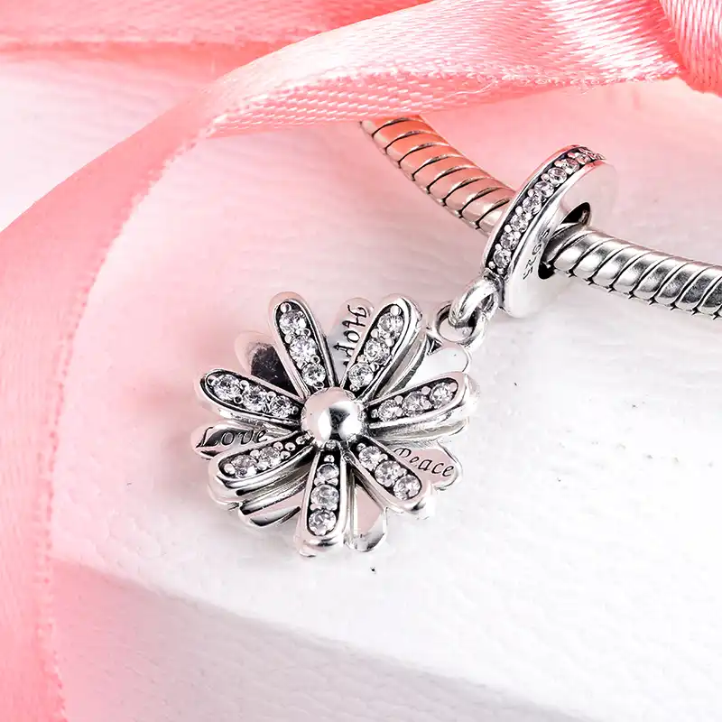 リアル925スターリングシルバースパークリングデイジーの花をちらつかビーズフィットオリジナルパンドラチャームブレスレットペンダントネックレスジュエリー ビーズ Aliexpress