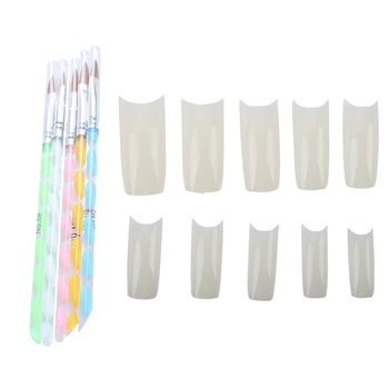 

500 FRENCH Acrylic False Artificial Tips Nail Art & 5x 3D Silver Head Acrylic Handle UV Gel Pencil Brush (Ran Color)