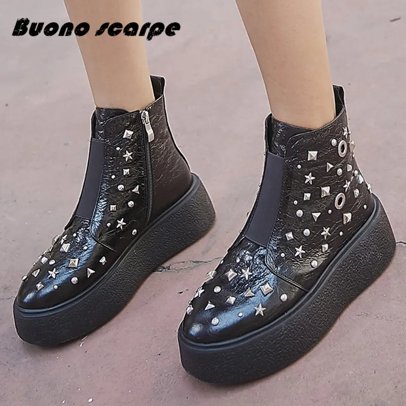 Buonoscarpe 2019 New Leather Martin Boots Retro Flat Autumn And Winter Ladies Bare Fashion Trend Roman Thick-soled | Обувь