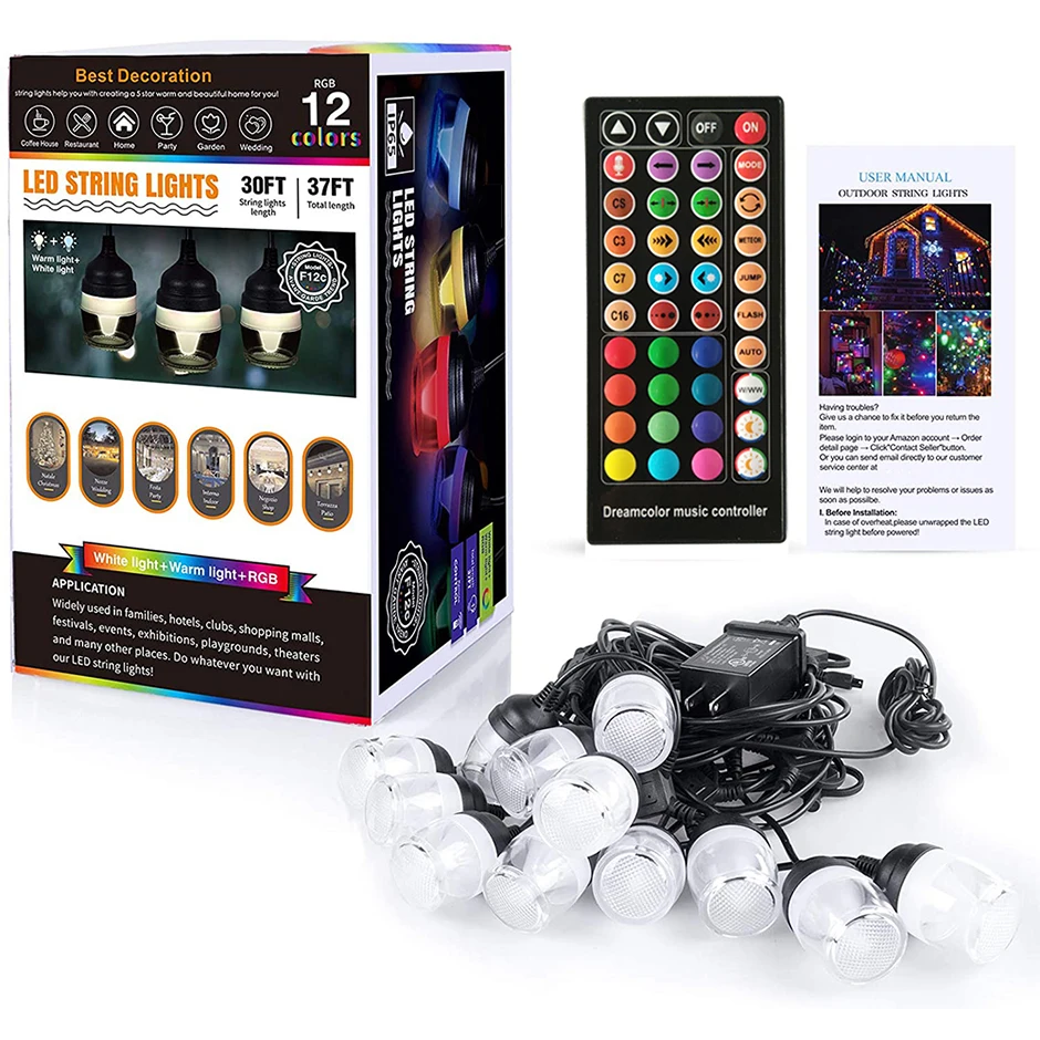 Música ao ar Pátio de Fadas Luz da Corda com Controle Luz da Corda para Cafe Remoto Livre Pendurado Guirlanda Party Jardim 12 Led Rgb 6 Fios de LED