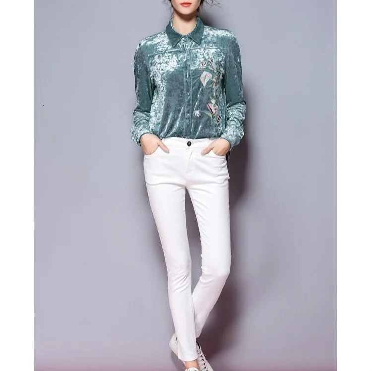 Autumn Women Floral Printed Velour Shirt Office Lady Turn-Down Collar Long Sleeve Blouse Office Embroidery Shirts