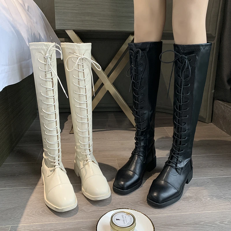 

Med Heel Boots Women's Rubber Shoes Rain Round Toe Booties Ladies Sexy Thigh High Heels High Sexy Lace Up Winter Footwear