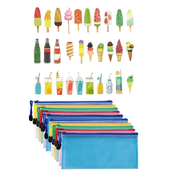 

30Pcs Bookmarks SWeet Summer & 10 Pieces Zipper File Pouch Grid Document Bag Multipurpose Storage Pouch Bags 5 Colors
